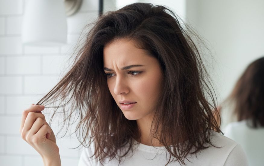 A concerned young woman looking at her dry, frizzy strands in a mirror to understand how to know if your hair is damaged.