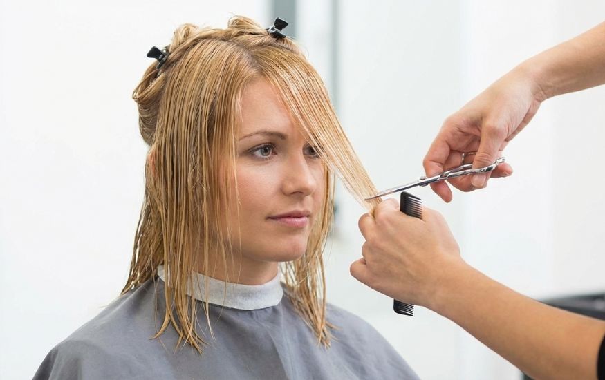 A woman with blonde hair having her face-framing layers trimmed in a professional salon setting, illustrating how to style a butterfly haircut for maximum volume.