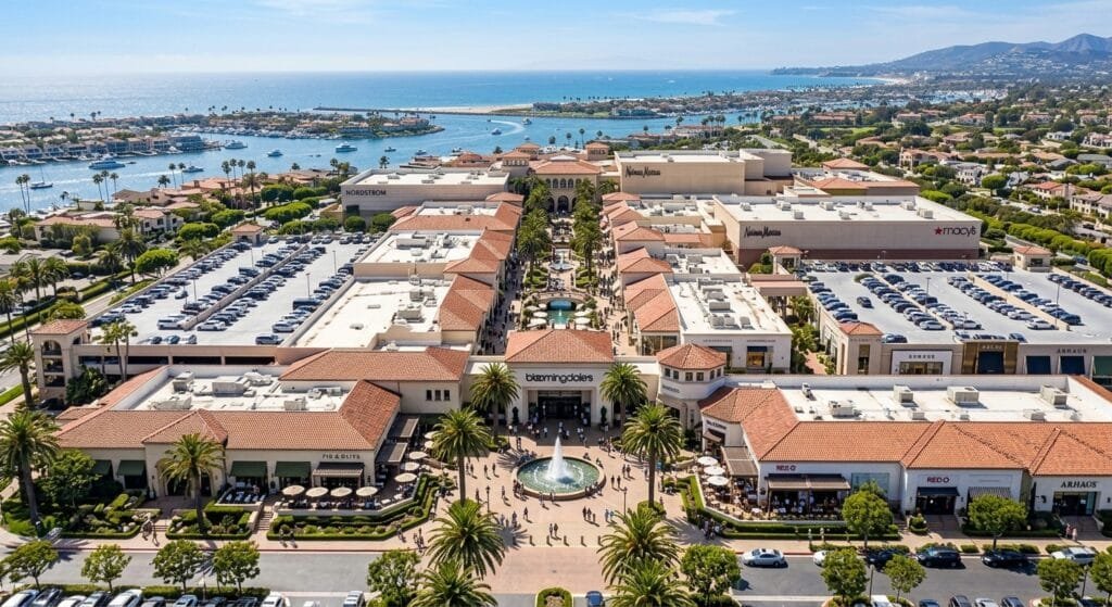 Aerial view of Fashion Island outdoor shopping mall highlighting popular luxury.